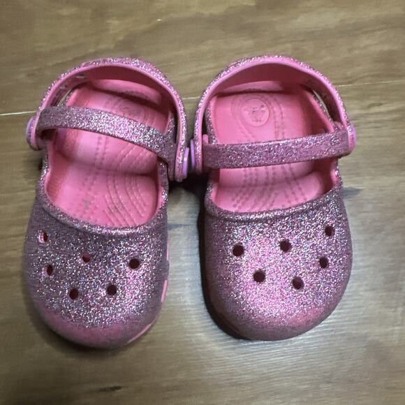 CROCS Karin Child Size 6 Pink Sparkle Slip On Double Strap Clog Sandals - Picture 2 of 6